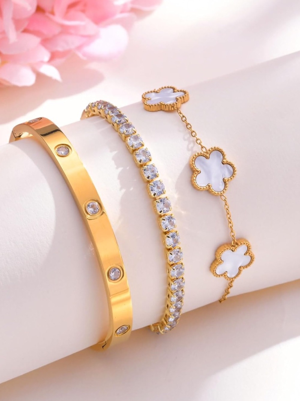 3pc Trendy 18k Gold Plated Bracelets Clover Stackable Stainless Steel - Picture 4 of 4